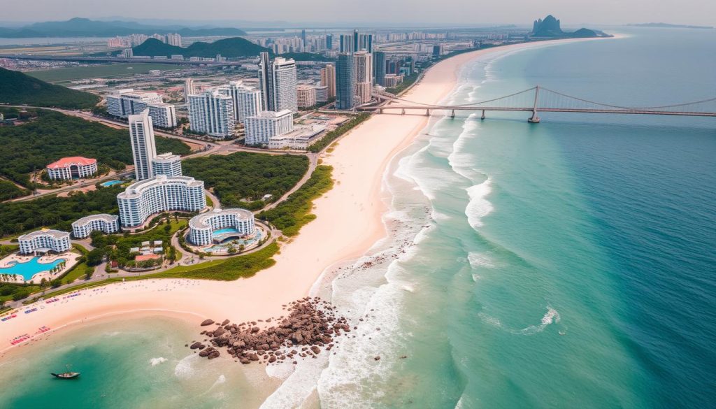 Aerial view of Da Nang coastline with My Khe Beach and luxury resorts - beautiful setting for things to do in Vietnam