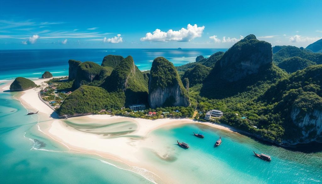 Aerial view of Phuket's coastline with limestone karsts and turquoise waters - best places Thailand travel and dating
