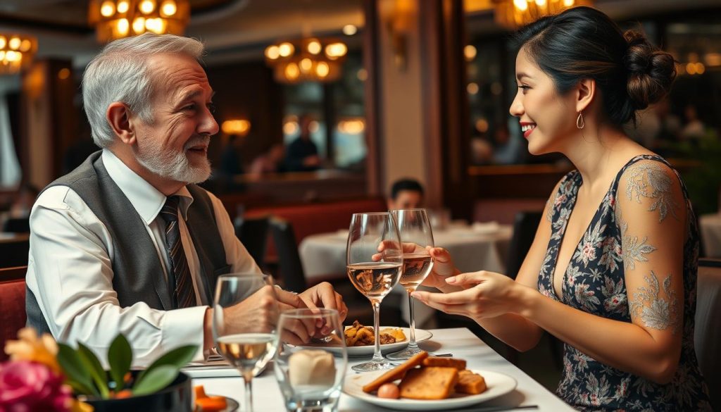 Age gap couple enjoying dinner in Pattaya restaurant