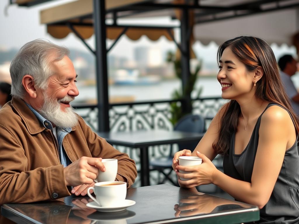An older Western man and younger Vietnamese woman enjoying coffee at a Da Nang cafe, illustrating age dynamics in da nang dating culture da nang dating culture for older men with younger women