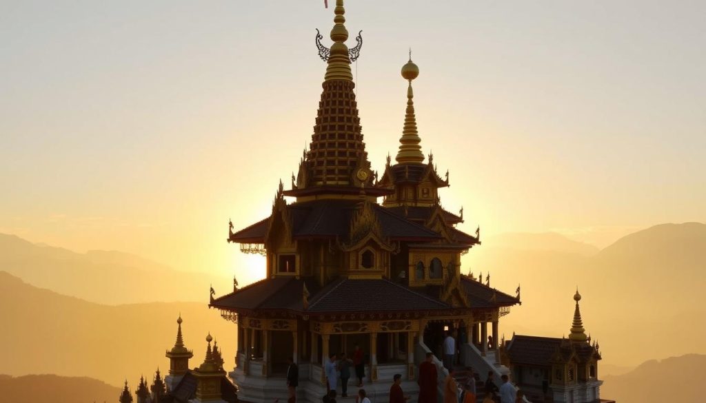 Ancient temple in Chiang Mai with mountain backdrop at sunset - things to do in Thailand