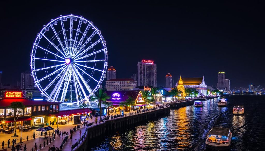 Asiatique The Riverfront night market in Bangkok with illuminated Ferris wheel - date ideas Thailand