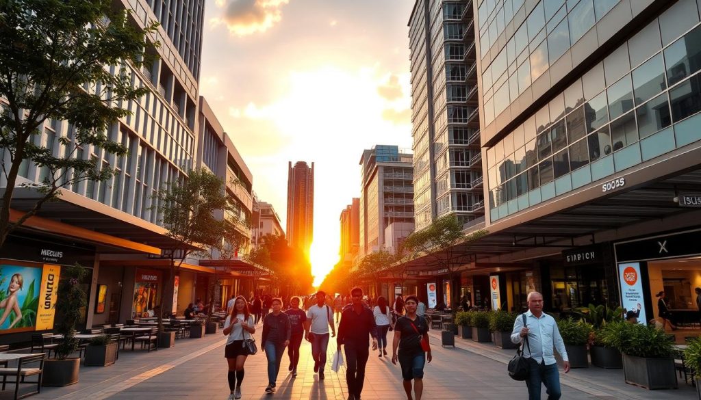 BGC High Street in Manila with young professionals walking along the pedestrian-friendly shopping area
