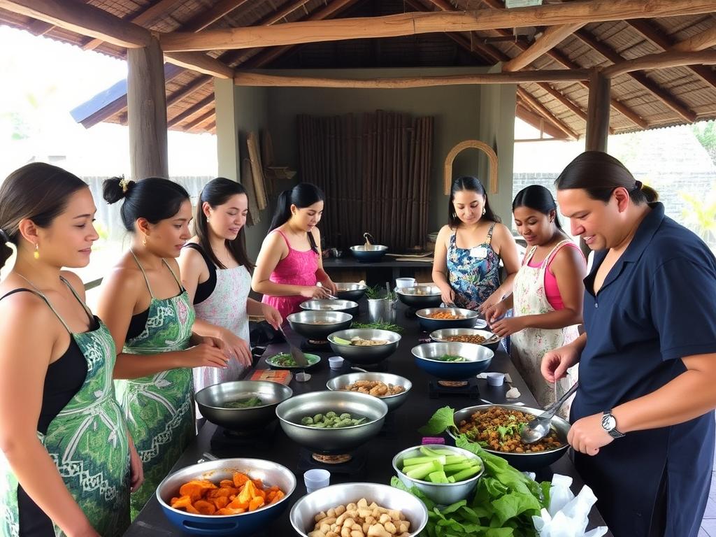Balinese cooking class with international participants learning traditional recipes, great for meeting younger women in Bali