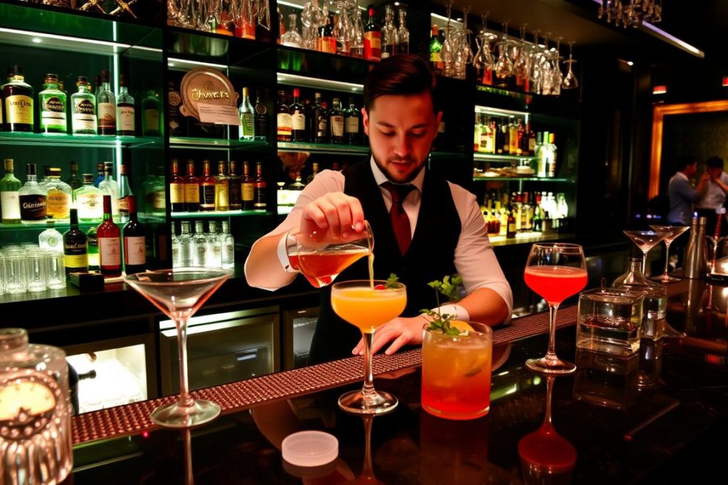 Bartender preparing cocktails at an upscale Jakarta lounge
