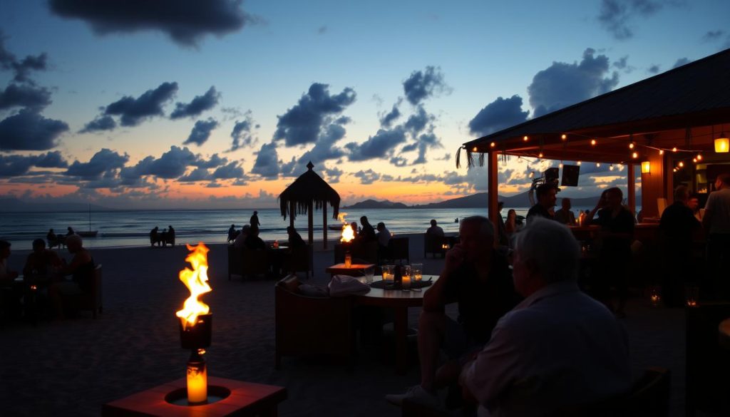 Beachfront nightlife on Gili Trawangan island popular with older Western visitors