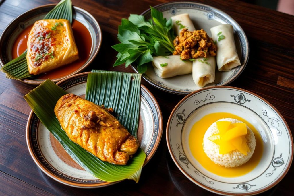Beautifully plated traditional Cambodian dishes prepared during a cooking class