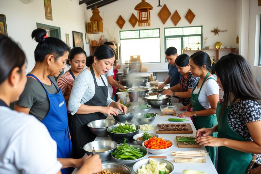 Cambodian cooking class with participants learning to prepare traditional dishes