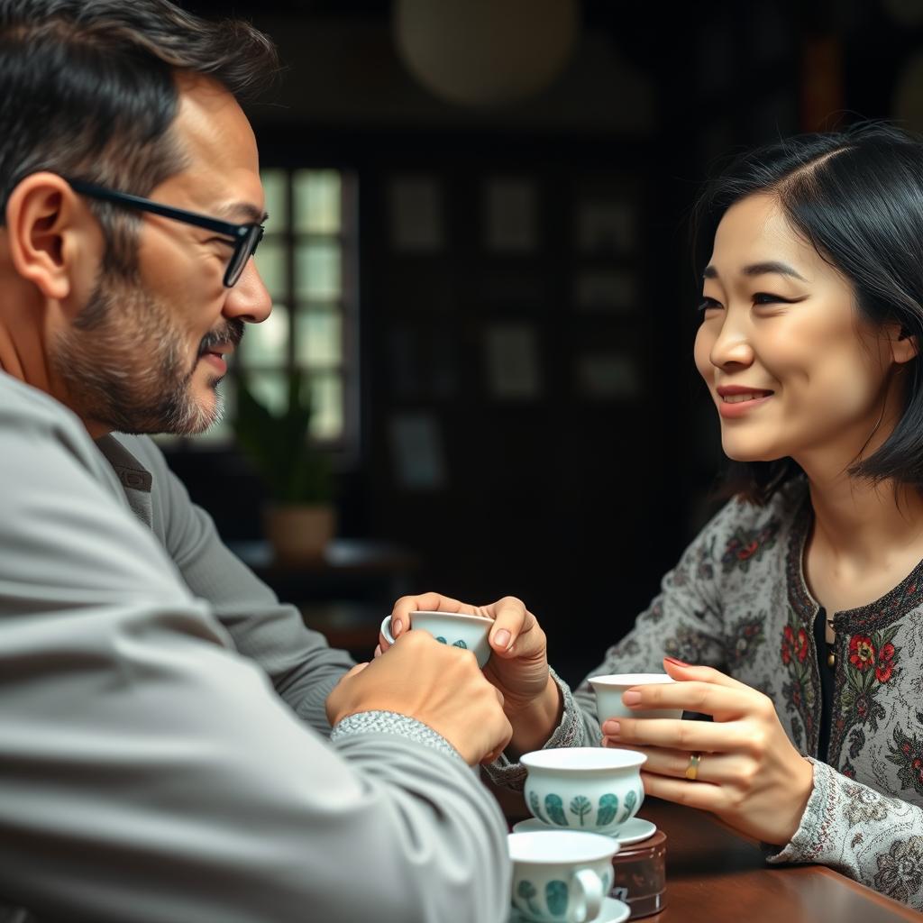 Close-up of couple having tea in Hanoi, showing subtle non-verbal communication in hanoi dating culture Close-up of couple having tea in Hanoi, showing subtle non-verbal communication in hanoi dating culture