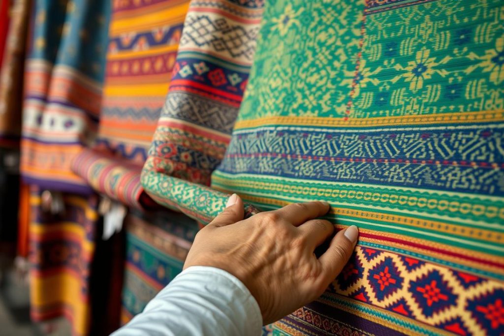 Close-up of intricate Cambodian silk textiles with traditional patterns at Central Market