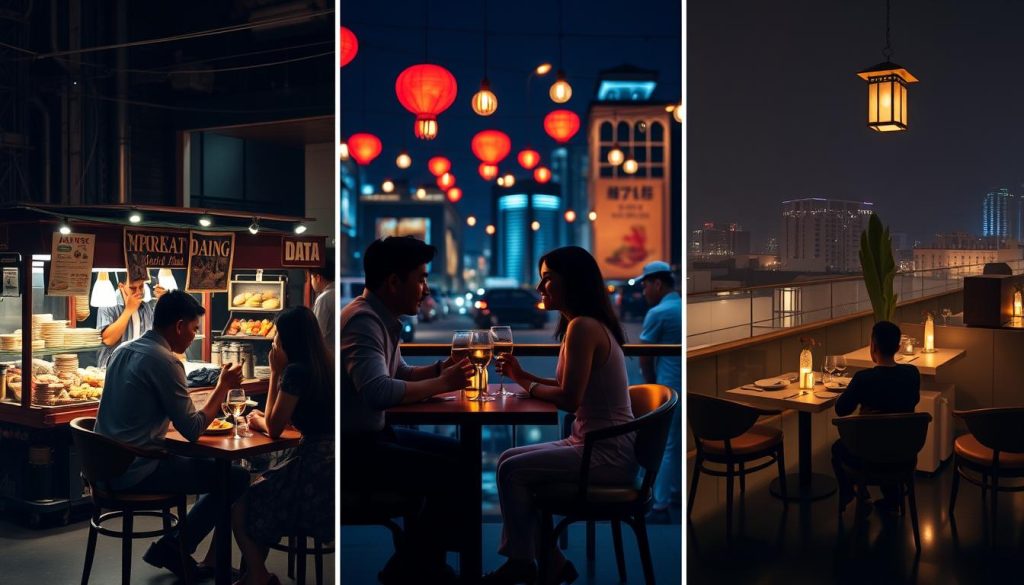 Collage showing different dating scenarios in Jakarta from budget to luxury, illustrating the cost of dating in Jakarta at different price points