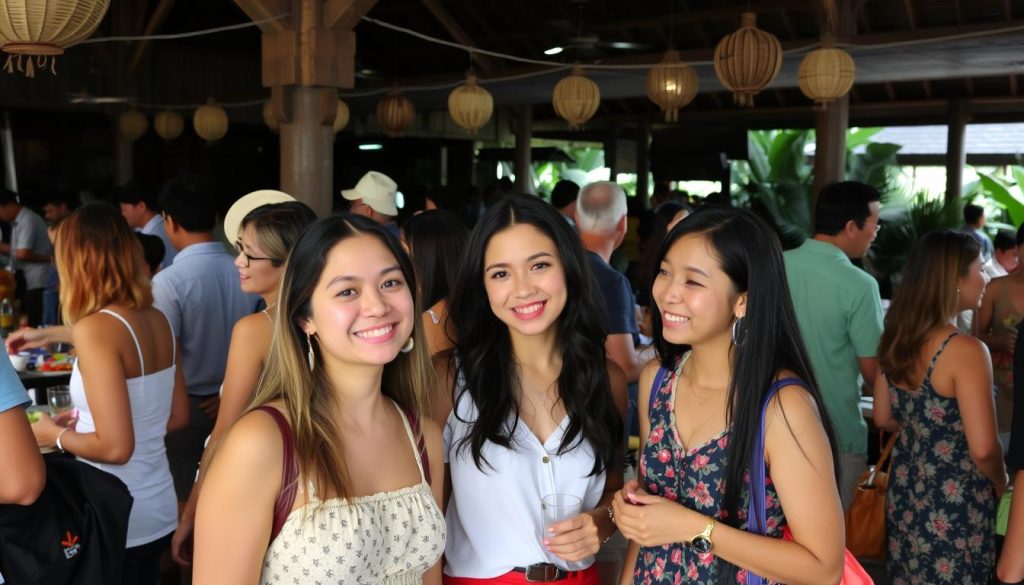 Community event in Bali with expats and locals socializing, great for meeting younger women