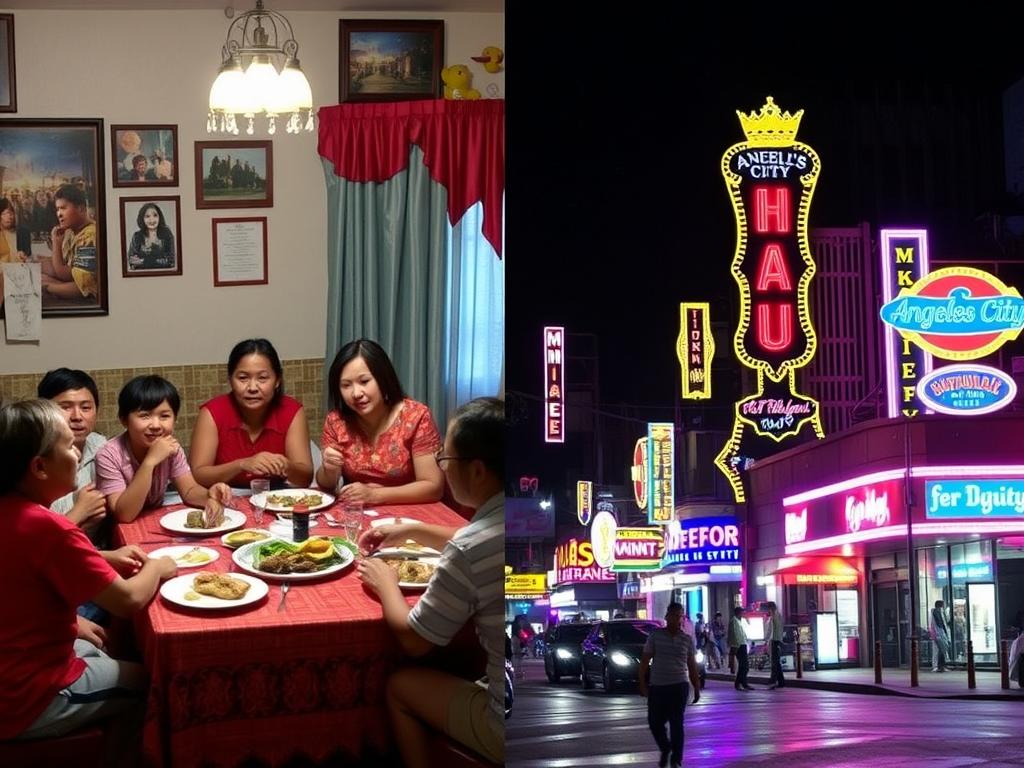 Contrast between traditional Filipino family gathering and the nightlife scene in Angeles City
