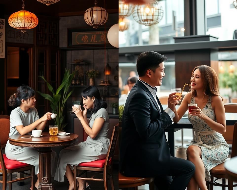 Contrast between traditional Hanoi cafe date and modern Saigon restaurant date, showing different hanoi dating culture approaches Contrast between traditional Hanoi cafe date and modern Saigon restaurant date, showing different hanoi dating culture approaches