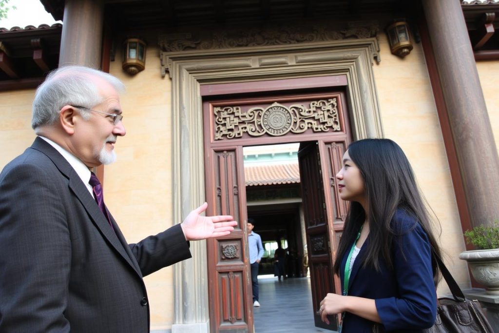 Couple admiring the ancient architecture at the Temple of Literature in Hanoi