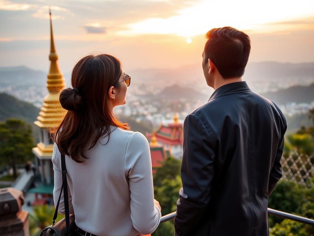 Couple at Doi Suthep temple overlooking Chiang Mai at sunset