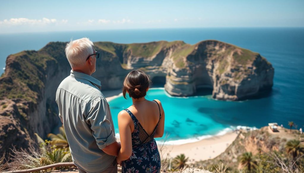 Couple at Kelingking Beach viewpoint in Nusa Penida
