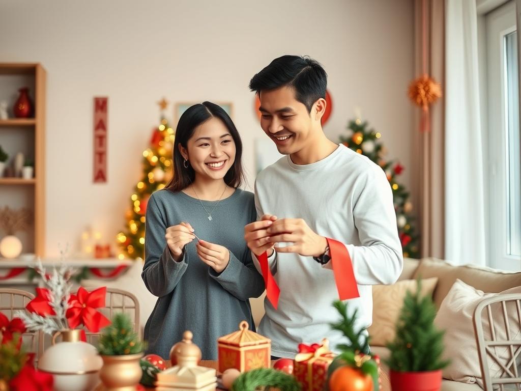 Couple celebrating both Western and Vietnamese holidays together, showing cultural integration in Vietnamese dating culture