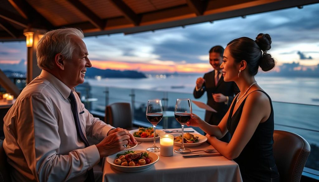 Couple dining at a rooftop restaurant in Phuket with ocean views