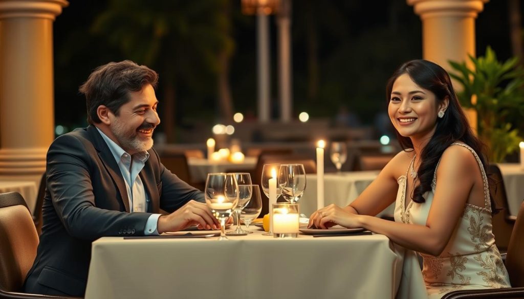 Couple dining at upscale restaurant in Cambodia