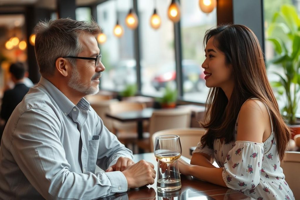 Couple discussing relationship expectations at a cafe in Ho Chi Minh City