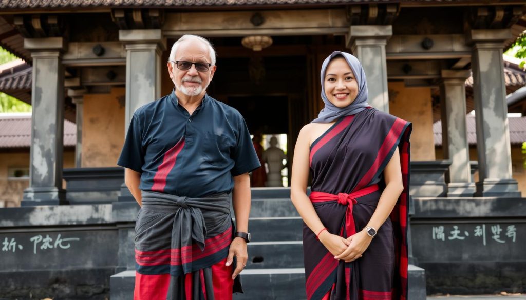 Couple dressed appropriately for temple visit in Bali