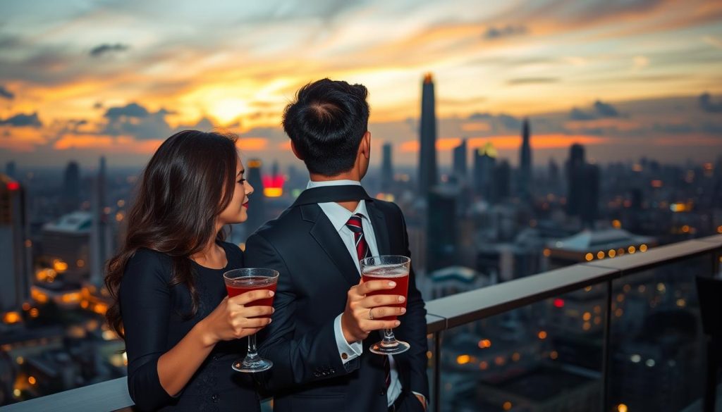 Couple enjoying Jakarta skyline view from a rooftop restaurant, representing the balanced approach to dating costs in Jakarta