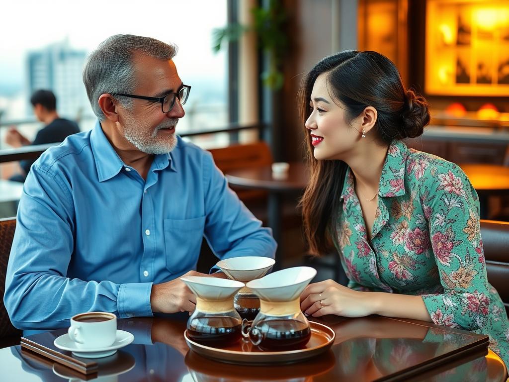Couple enjoying Vietnamese coffee at upscale café in Da Nang