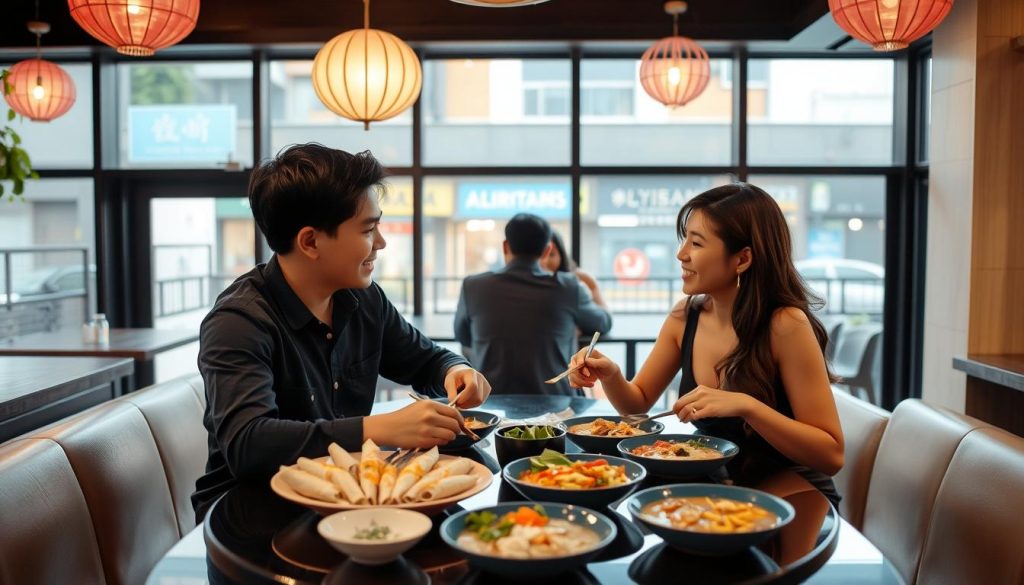 Couple enjoying Vietnamese cuisine at a restaurant, showing food costs of dating in Vietnam