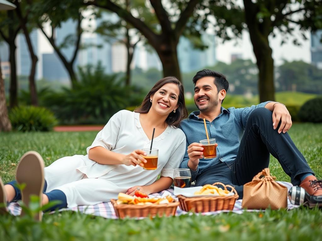 Couple enjoying a budget-friendly date at a Jakarta park, demonstrating affordable dating options in Jakarta