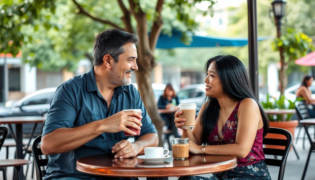 Couple enjoying a date at a café in Angeles City after meeting through recommended strategies