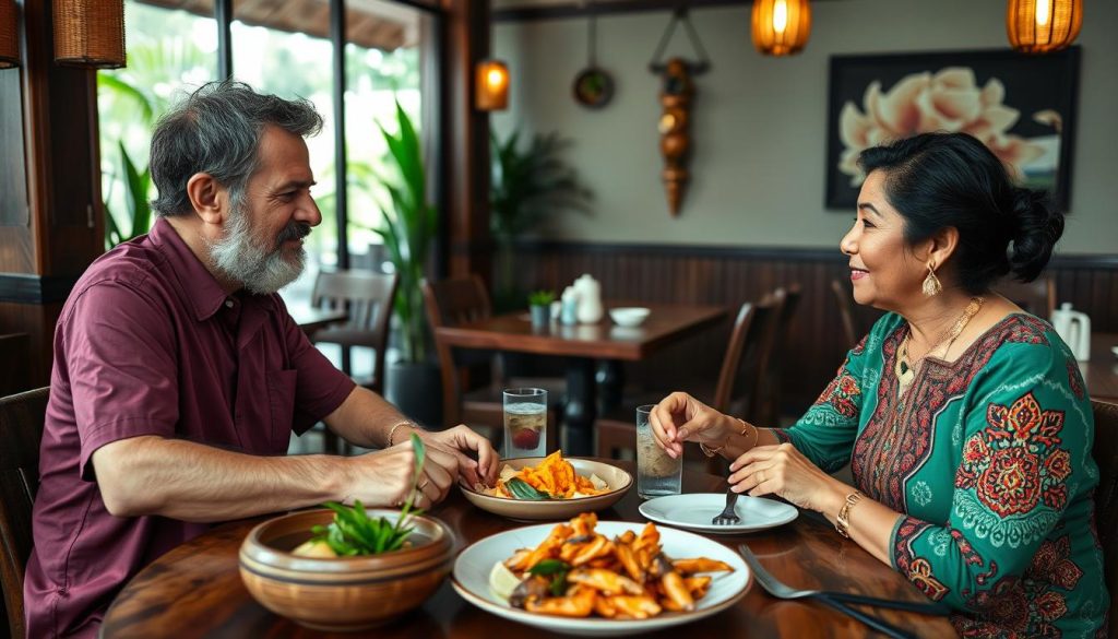 Couple enjoying a meal at a restaurant in Bali, showing respectful dating when meeting younger women