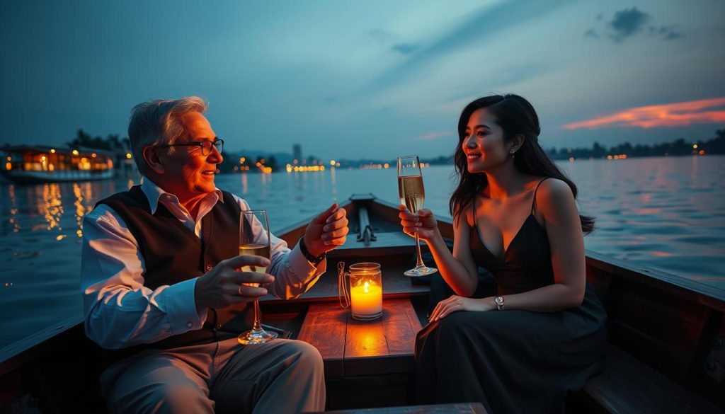 Couple enjoying a private boat ride on West Lake in Hanoi at sunset