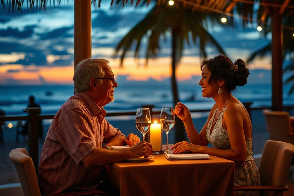 Couple enjoying a romantic dinner at a beachside restaurant in Phuket, representing the potential for meaningful connections in Phuket dating culture