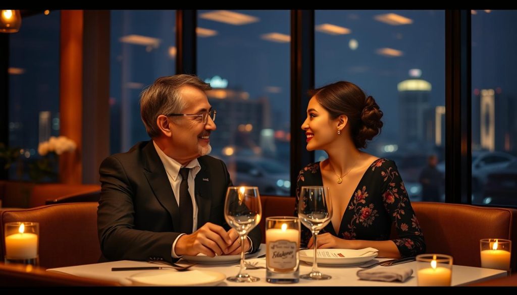 Couple enjoying a romantic dinner with Hanoi city lights visible through restaurant windows
