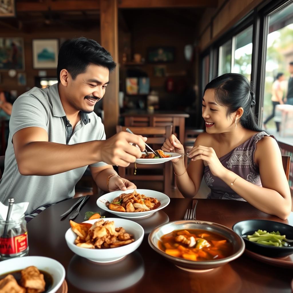 Couple enjoying a traditional Thai meal together with the man showing respectful gestures, illustrating gender dynamics in Phuket dating culture