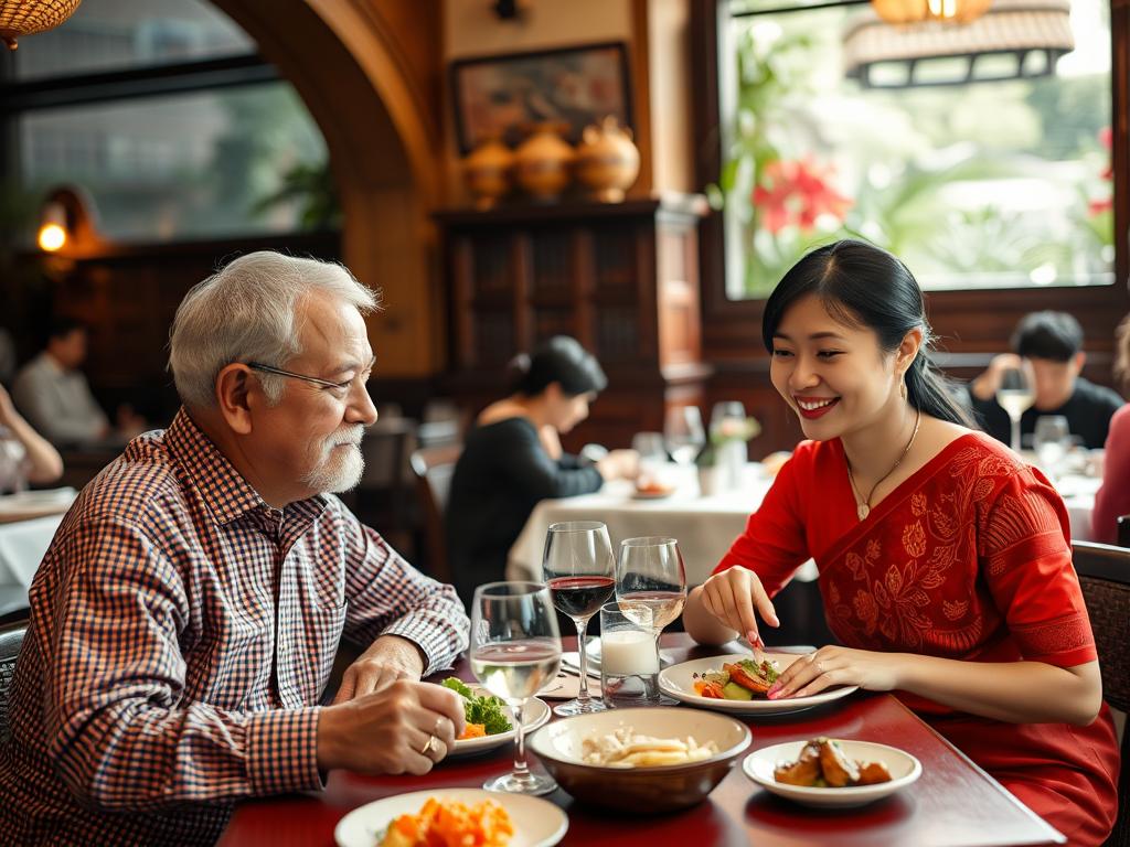 Couple enjoying a traditional Vietnamese dinner with respectful interaction
