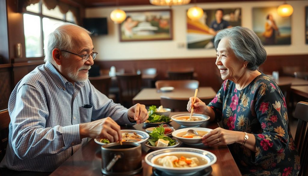 Couple enjoying a traditional Vietnamese meal together, illustrating food's importance in Vietnamese dating culture