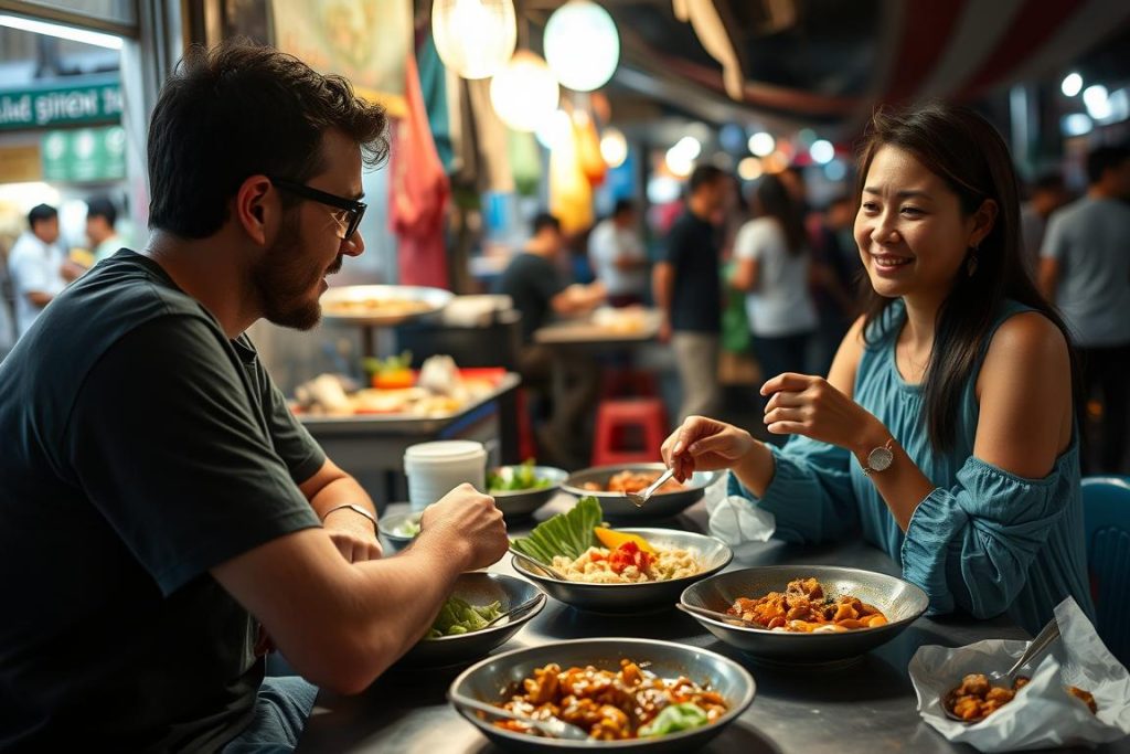 Couple enjoying affordable street food date in Thailand