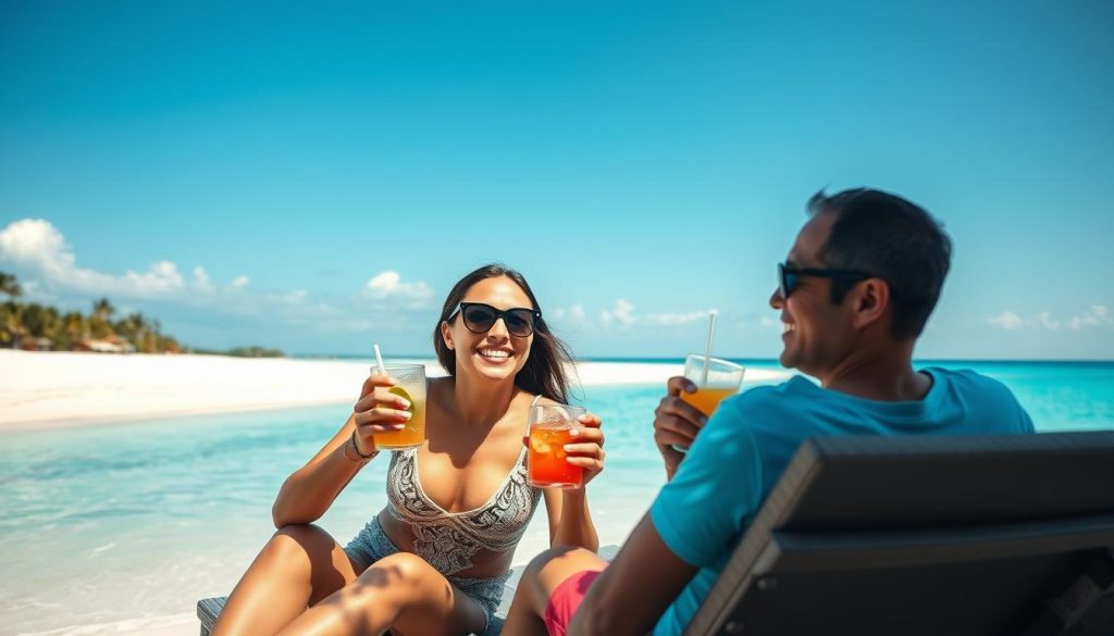 Couple enjoying clear weather at a beach resort during dry season - best time to visit Philippines