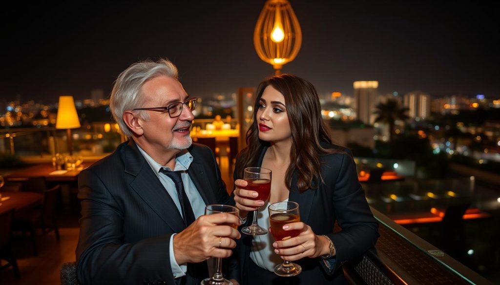 Couple enjoying cocktails at upscale Kuta rooftop bar