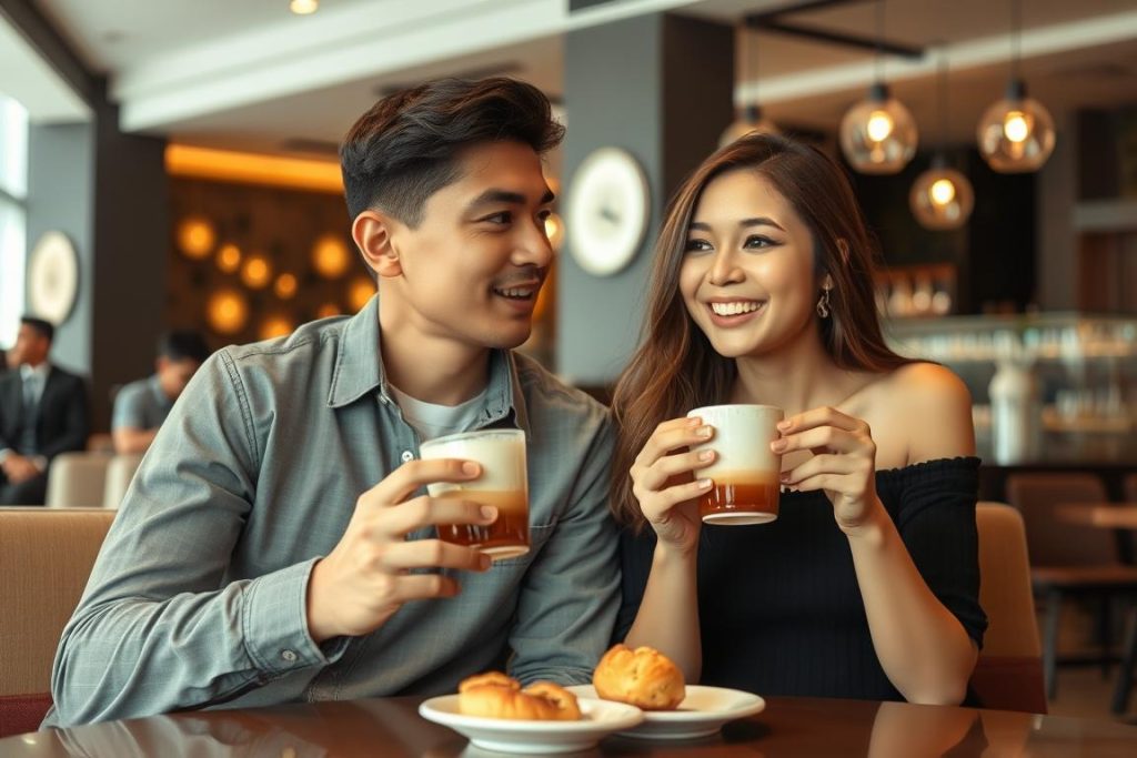 Couple enjoying coffee at a trendy Jakarta cafe, showing a typical coffee date cost in Jakarta