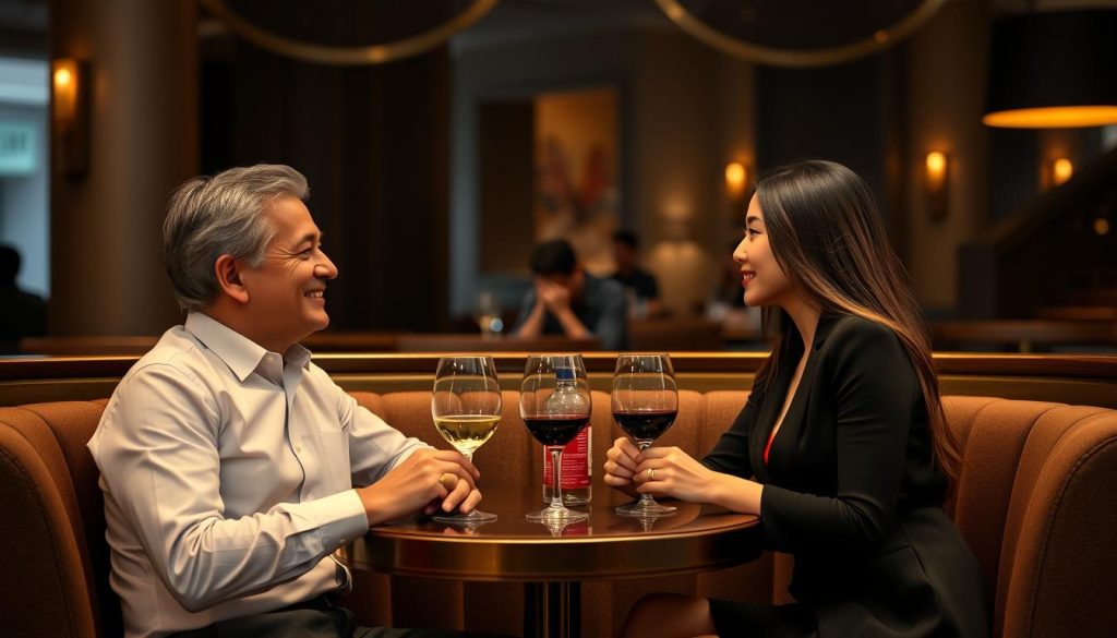 Couple enjoying conversation at a quiet corner table in an upscale Jakarta lounge
