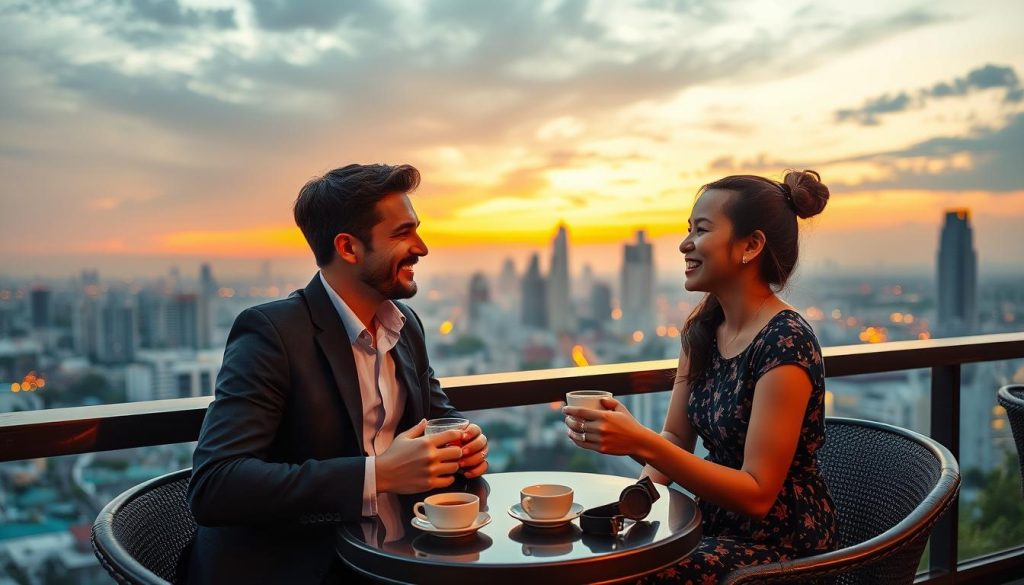 Couple enjoying conversation at a rooftop cafe overlooking Ho Chi Minh City