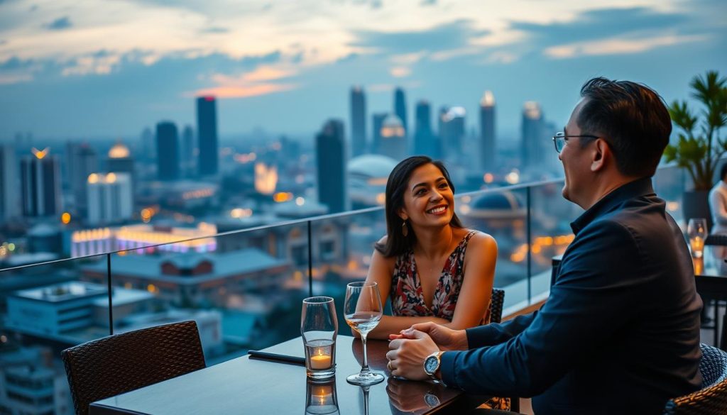 Couple enjoying conversation at a rooftop restaurant in Jakarta with city skyline