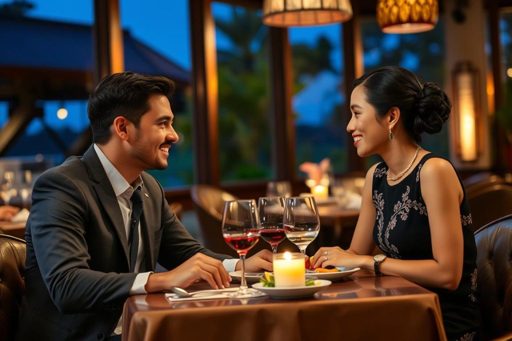 Couple enjoying dinner at a restaurant in Siem Reap with appropriate cultural etiquette