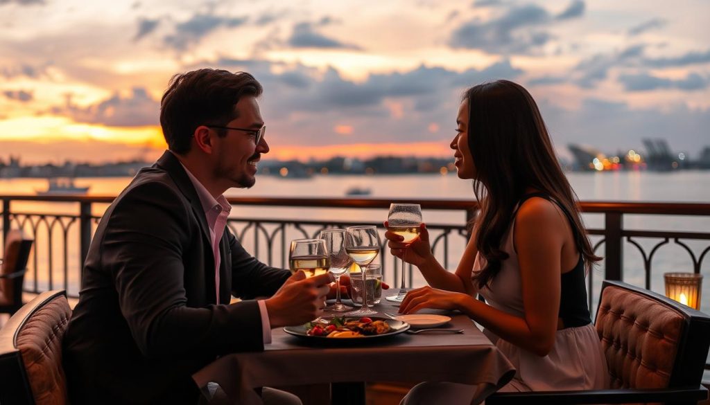 Couple enjoying dinner at a riverside restaurant in Phnom Penh, best hotels Cambodia dating