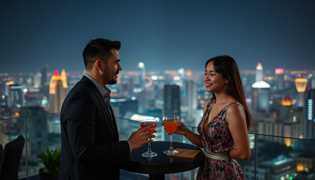Couple enjoying drinks at a rooftop bar with city views in Ho Chi Minh City
