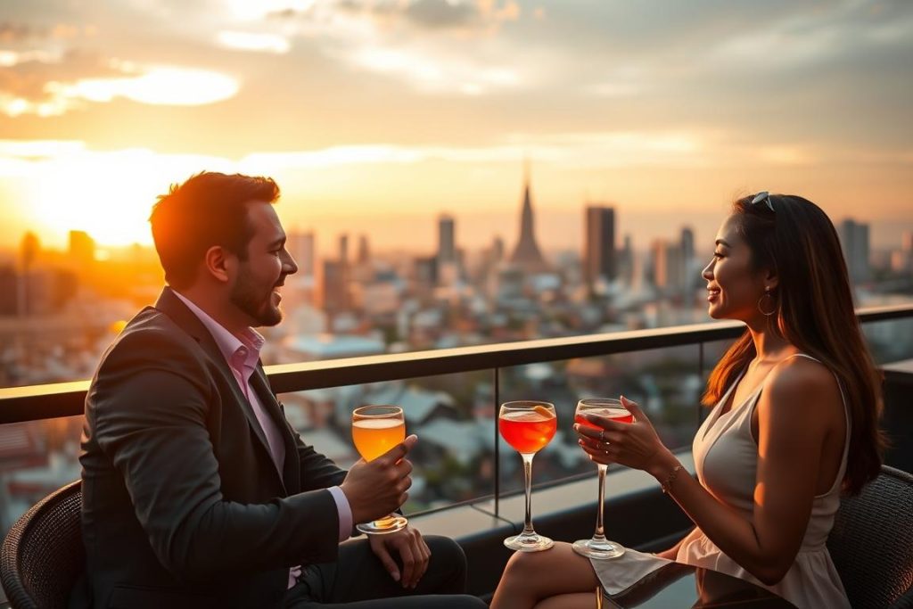 Couple enjoying drinks at a stylish Bangkok rooftop bar at sunset Couple enjoying drinks at a stylish Bangkok rooftop bar at sunset