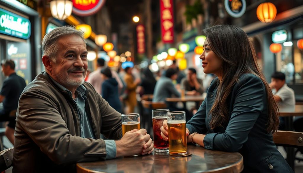 Couple enjoying drinks at an outdoor table on Ta Hien Beer Street in Hanoi's Old Quarter